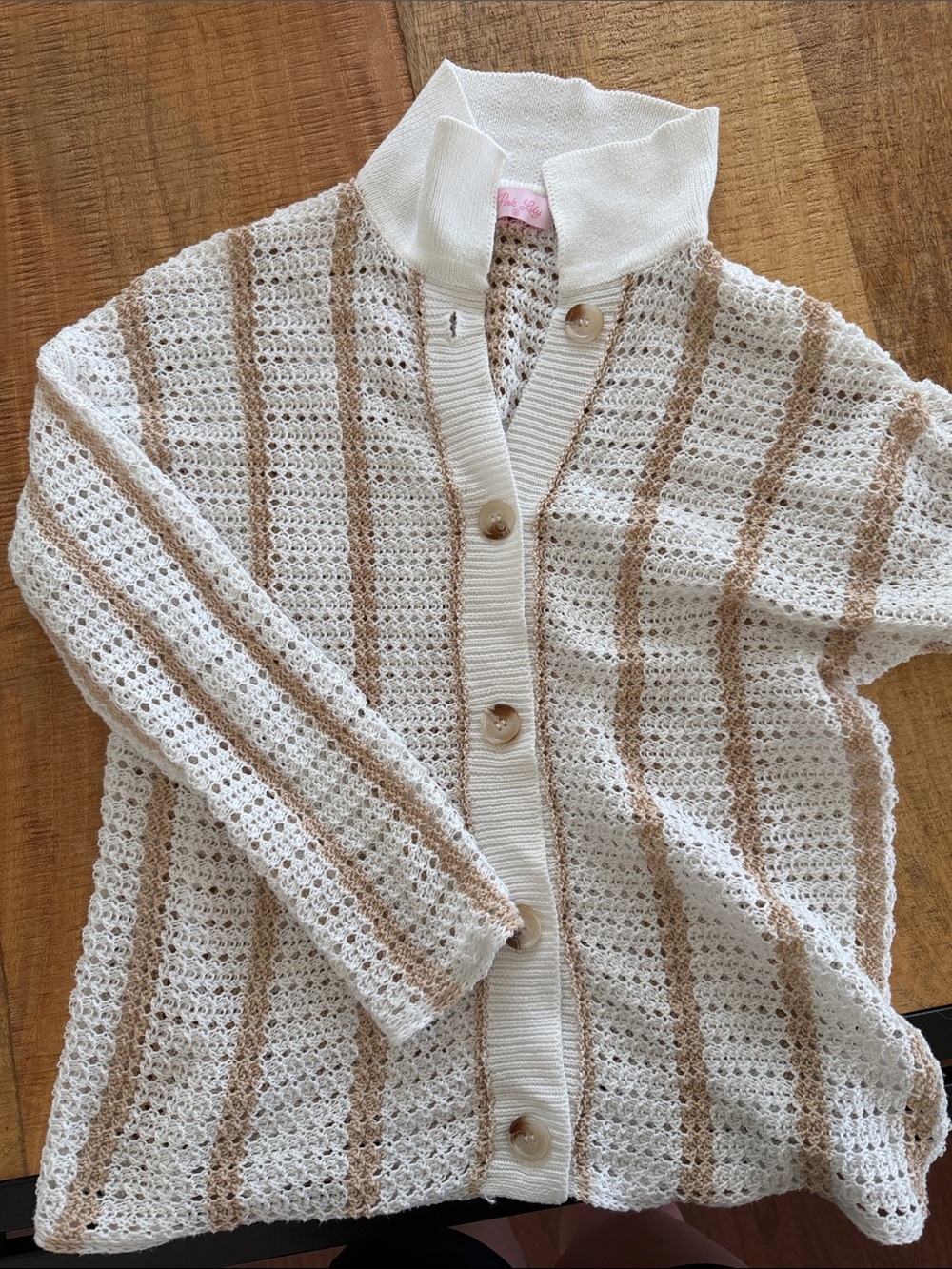 Pink Lily Beige & Cream Striped Open Knit Cardigan Sweater